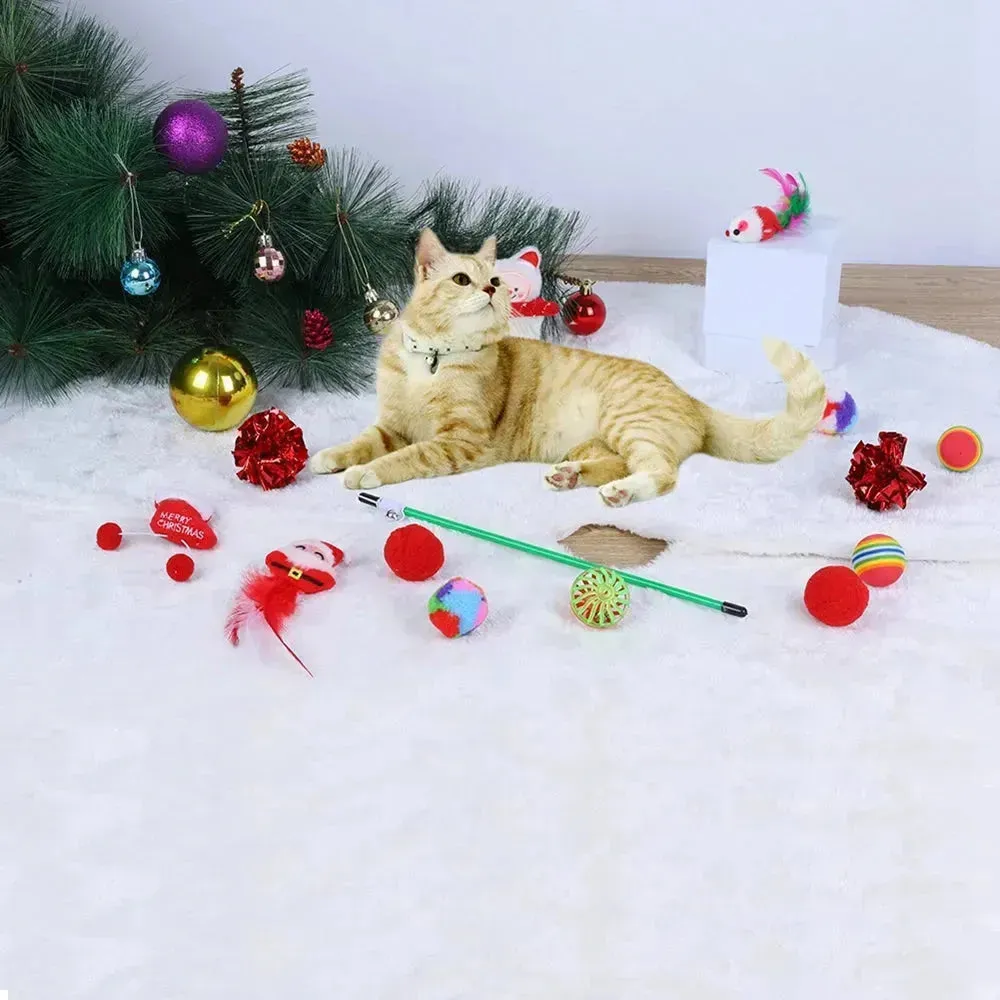 15pcs Christmas Cat Toy Set - Interactive Feather, Bell & Plush Toys