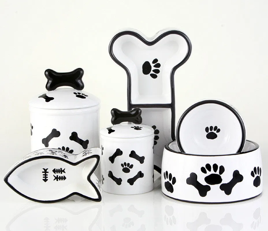 Black and White Dog & Cat Bowls & Dog Treat Jars