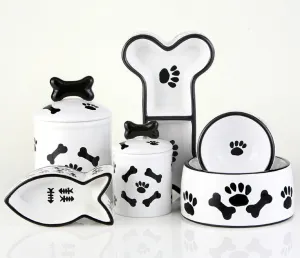 Black and White Dog & Cat Bowls & Dog Treat Jars