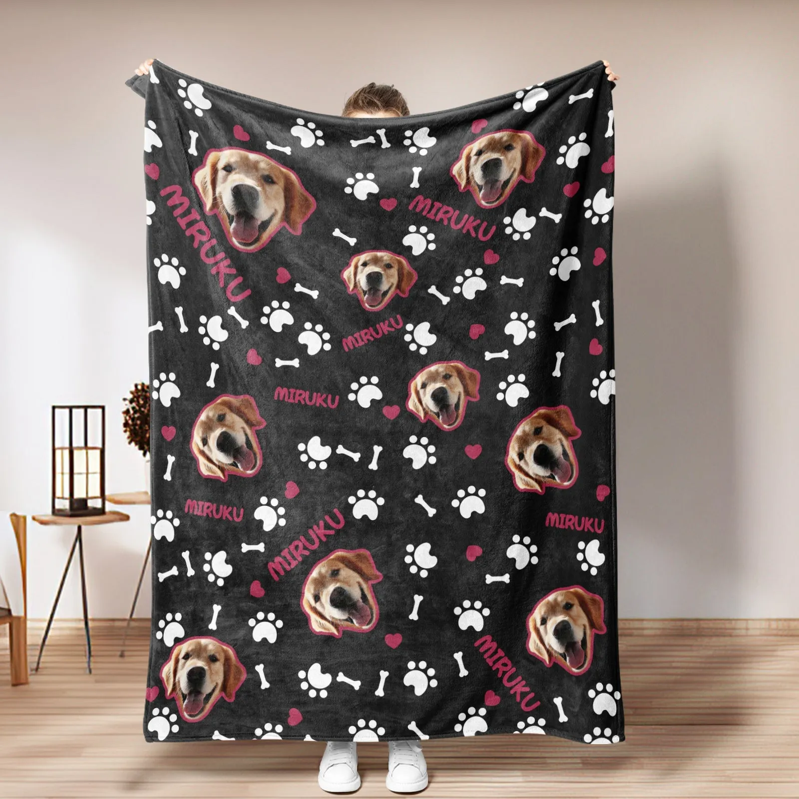 Custom Photo Name Blankets Custom Pet Blankets Personalised Photo Fleece Blanket - Cute Pet Paw