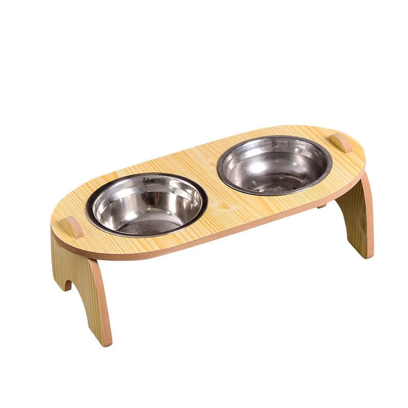 Double Pet Dog Bowl With Wooden Stand