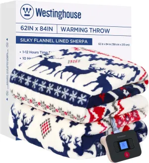 Electric Heated Blanket 62" x 84", Christmas Elk & Ivory