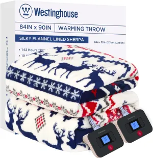 Electric Heated Blanket 84" x 90", Christmas Elk & Ivory