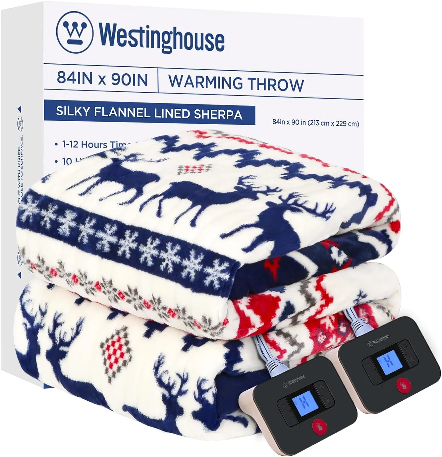 Electric Heated Blanket 84" x 90", Christmas Elk & Ivory