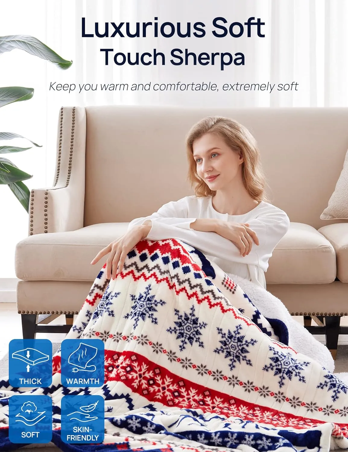 Electric Heated Blanket 84" x 90", Christmas Elk & Ivory