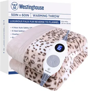 Electric Heated Blanket Luxurious Faux Fur Reverse to Flannel Brown Leopard