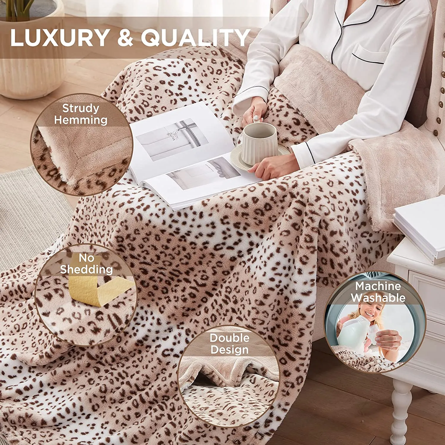 Electric Heated Blanket Luxurious Faux Fur Reverse to Flannel Brown Leopard