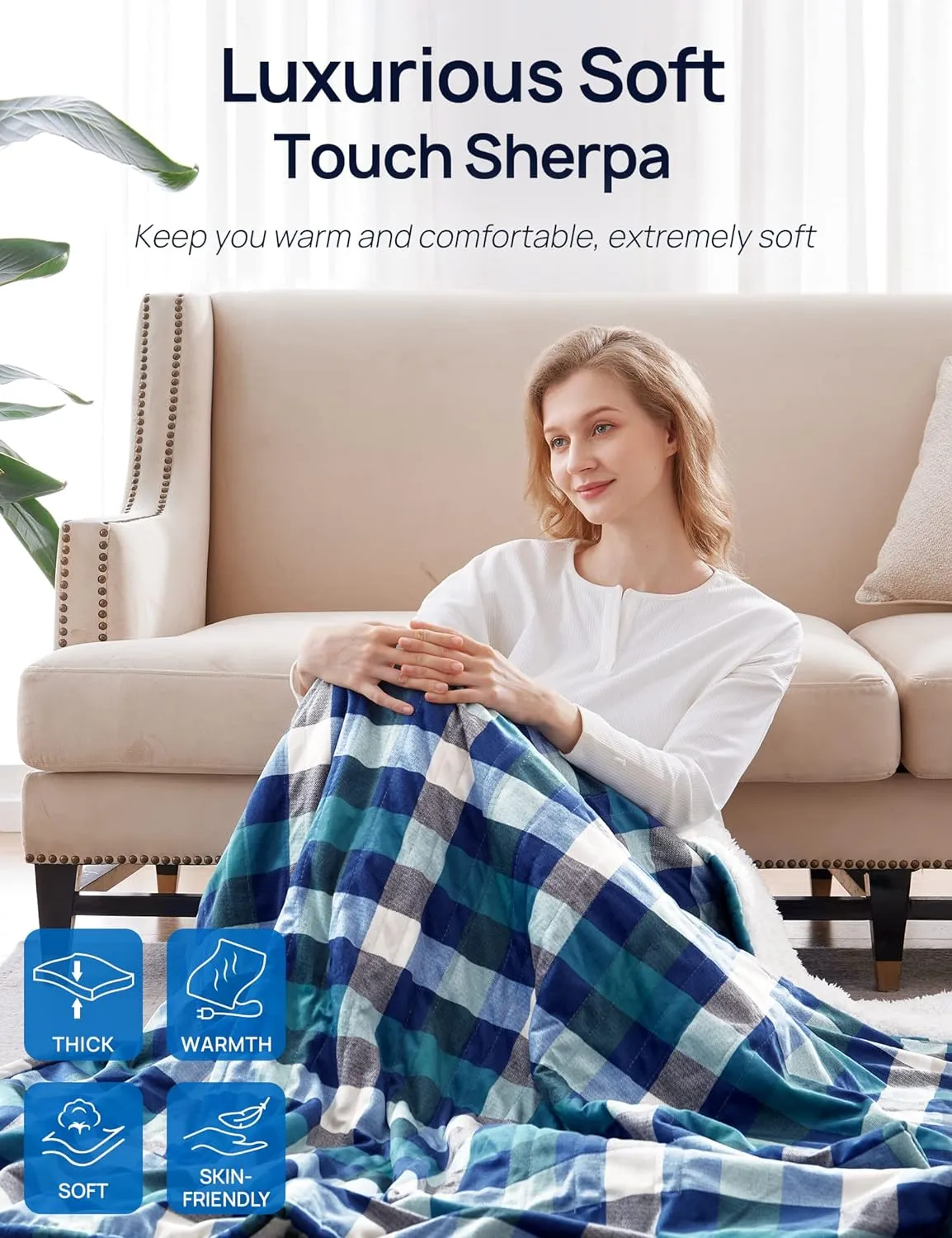 Electric Heated Sherpa Plaid Blanket 50" x 60", Green