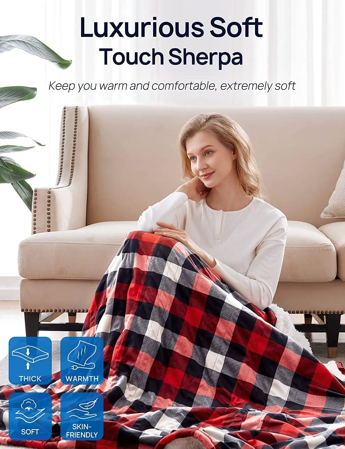 Electric Heated Sherpa Plaid Blanket 72" x 84", Red
