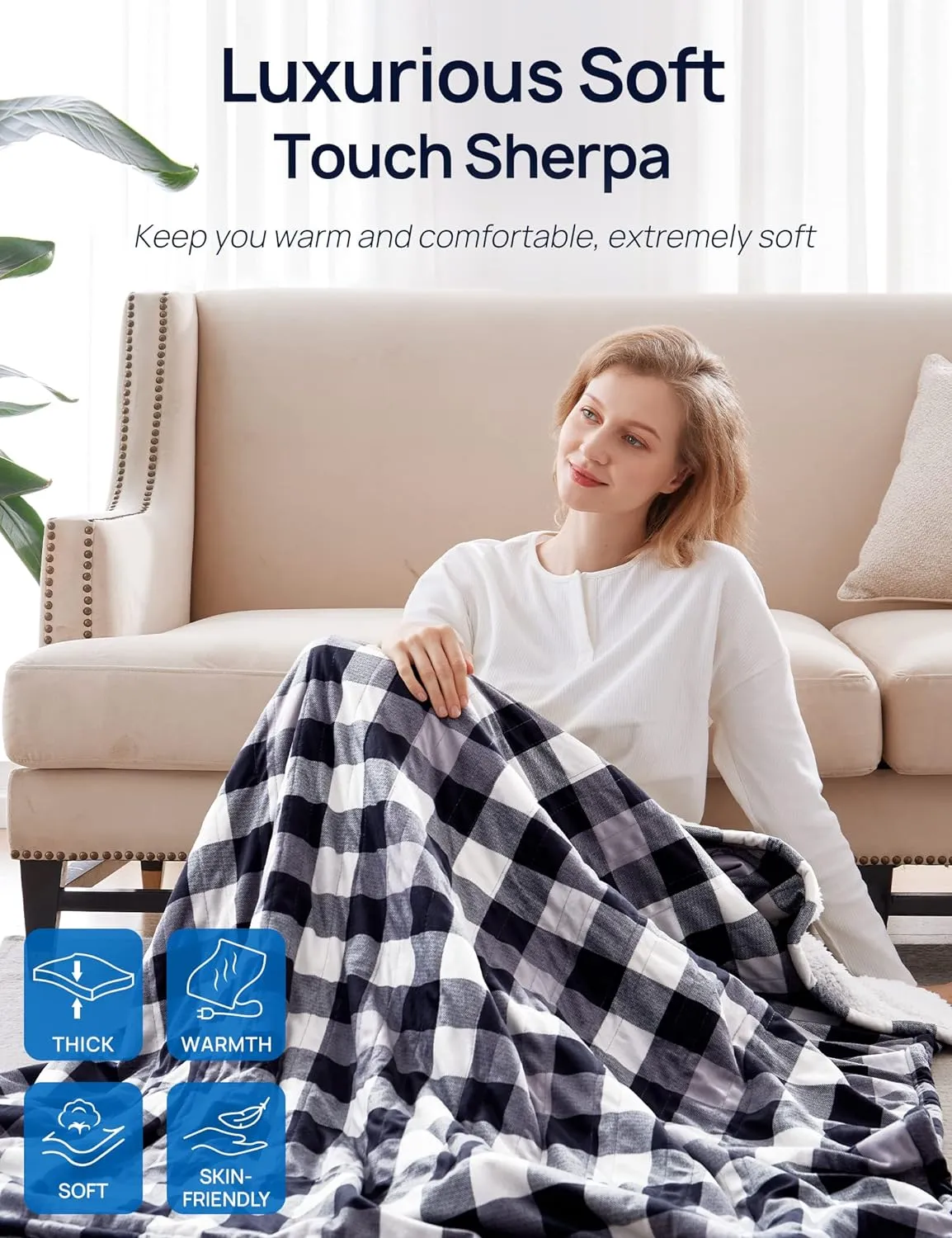 Electric Heated Sherpa Plaid Blanket 84" x 90", Black