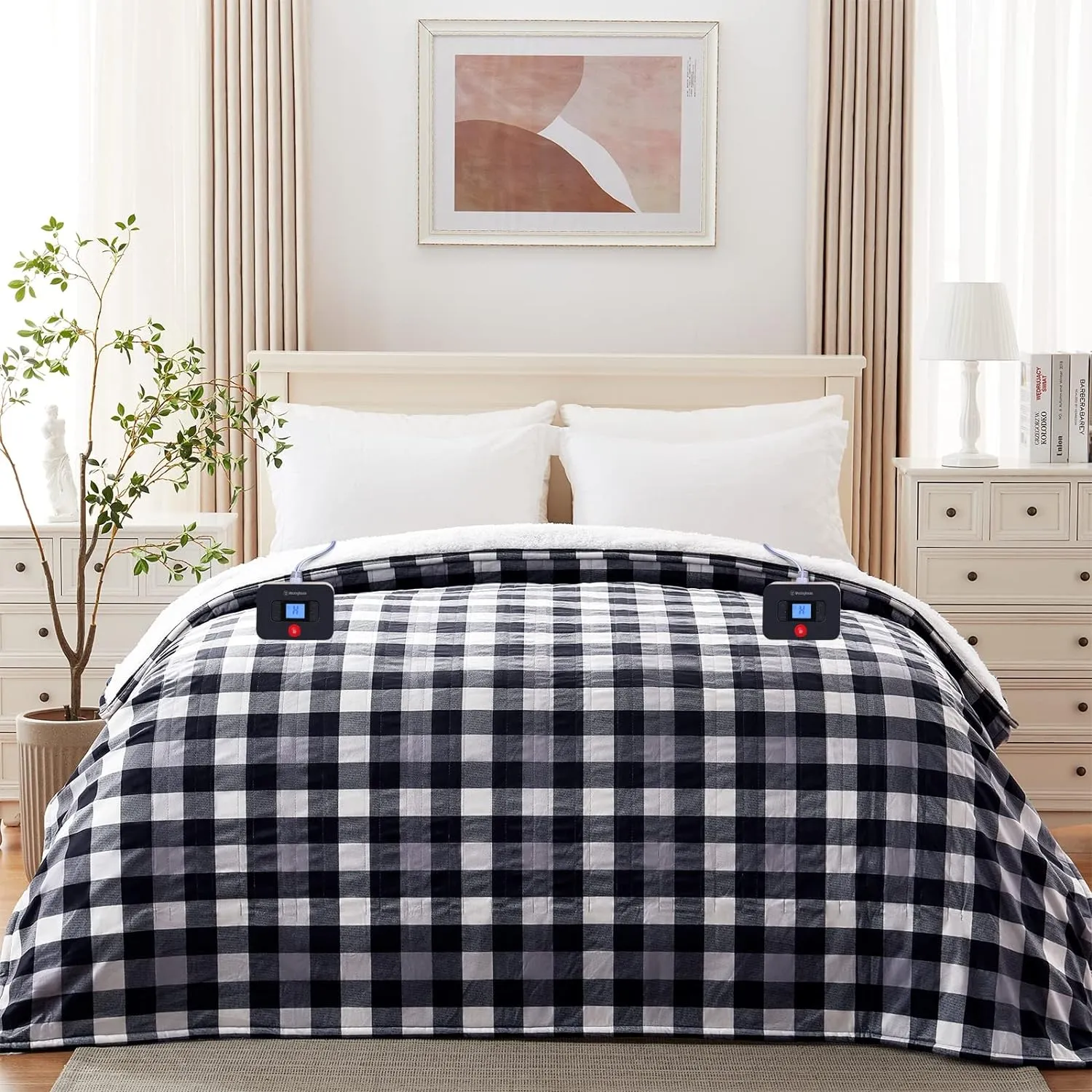 Electric Heated Sherpa Plaid Blanket 84" x 90", Black