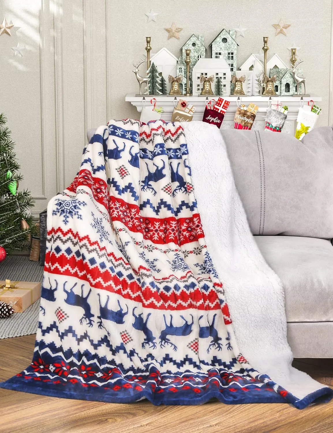 Electric Heated Throw 50" x 60", Christmas Elk & Ivory
