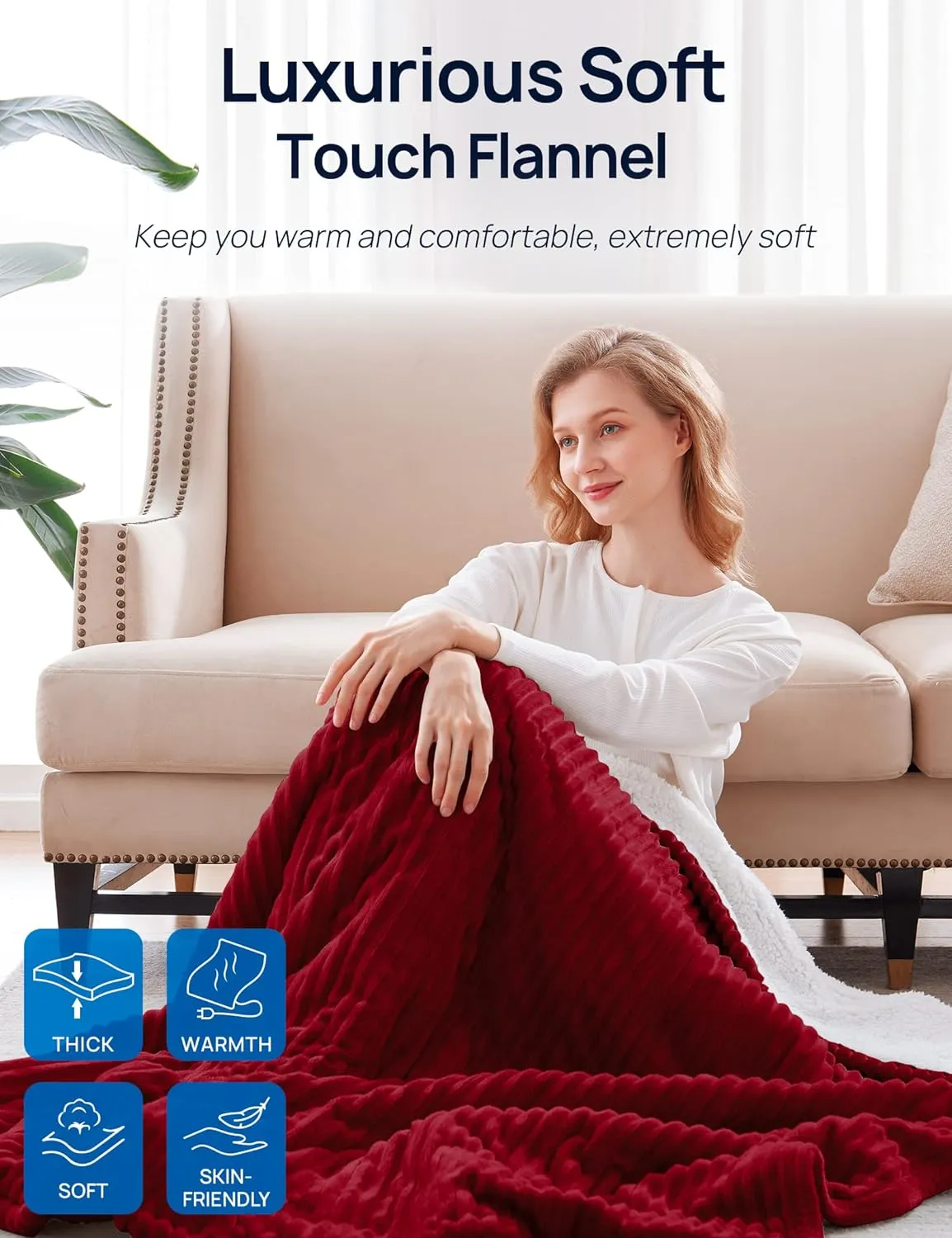 Electric Heated Throw 50" x 60", Red & Ivory