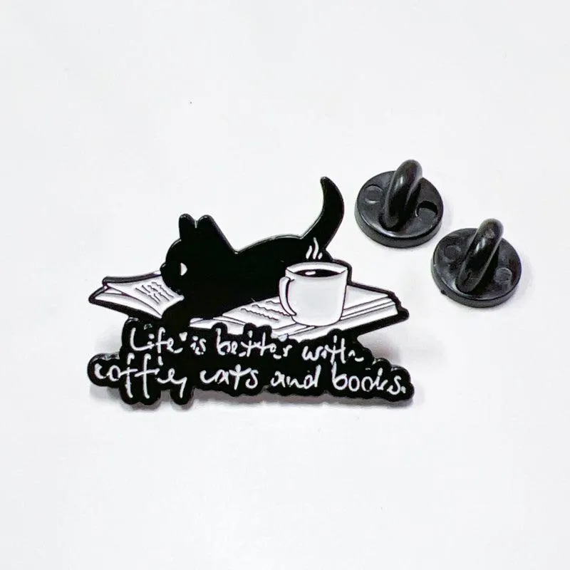 Life is Better with Coffee Books Cats Enamel Pin