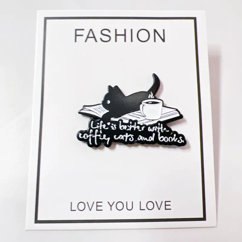 Life is Better with Coffee Books Cats Enamel Pin