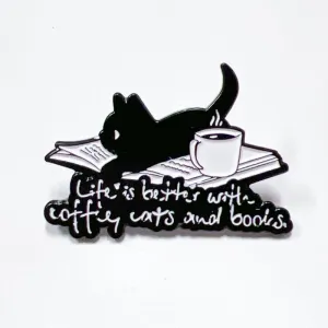 Life is Better with Coffee Books Cats Enamel Pin