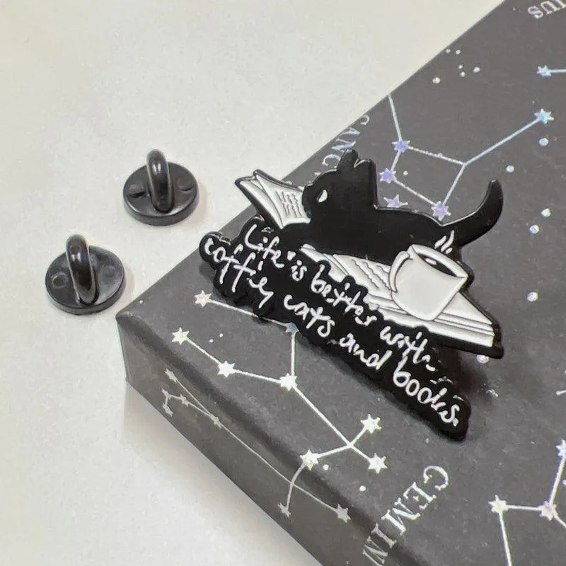 Life is Better with Coffee Books Cats Enamel Pin