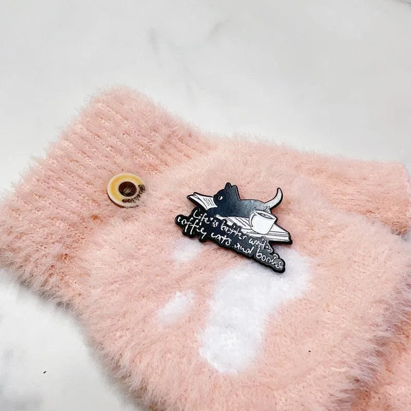 Life is Better with Coffee Books Cats Enamel Pin