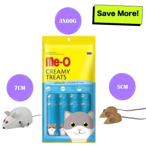 Me O Creamy Chicken & Liver Cat Treats, Trixie Wind Up Mouse Toy and Set of Catnip Mice for Cats Combo