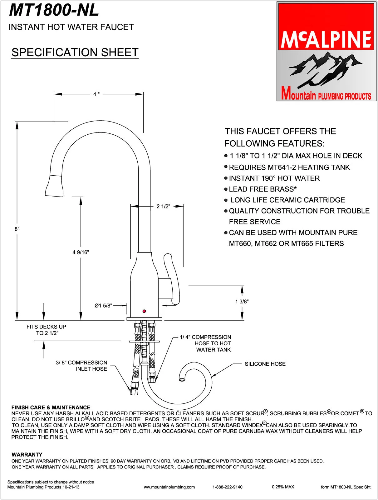 Mountain Plumbing MT1800-NL Francis Anthony Collection Hot Water Faucet with Modern Curved Body & Handle