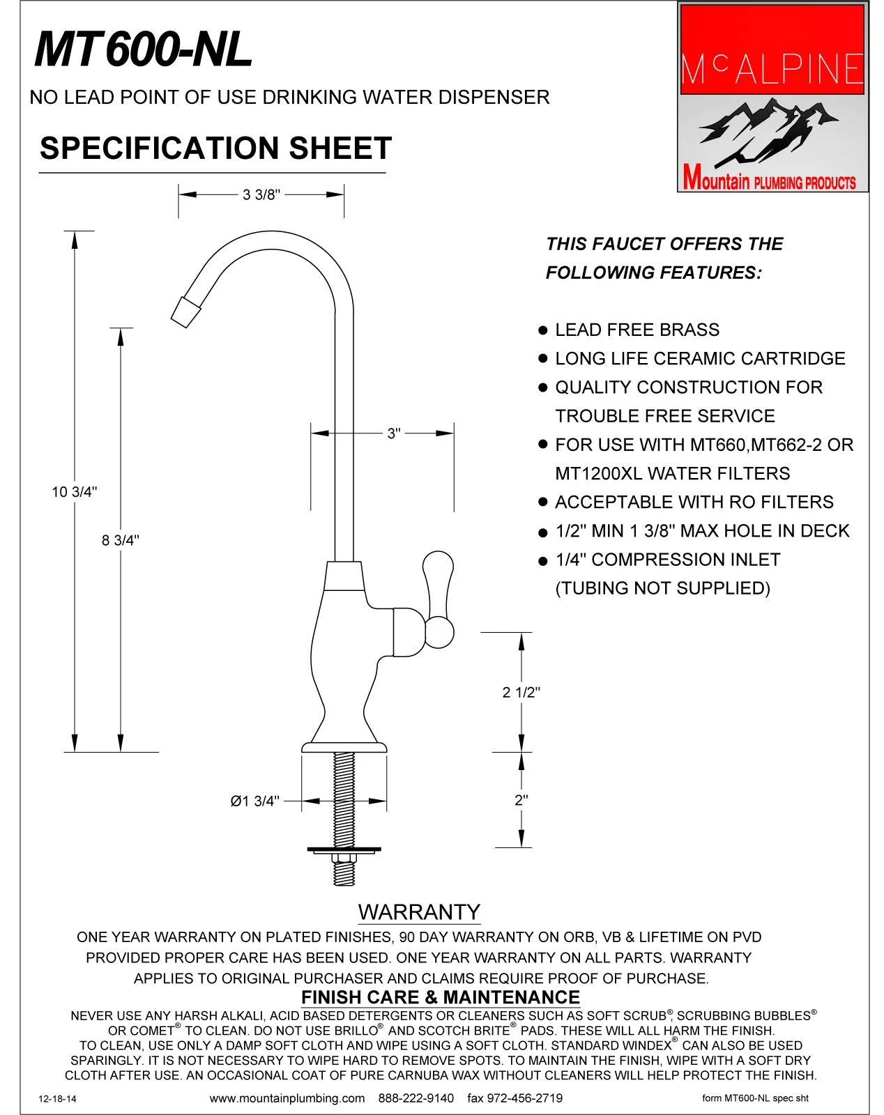 Mountain Plumbing MT600-NL Point-of-Use Drinking Faucet with Teardrop Base & Side Handle