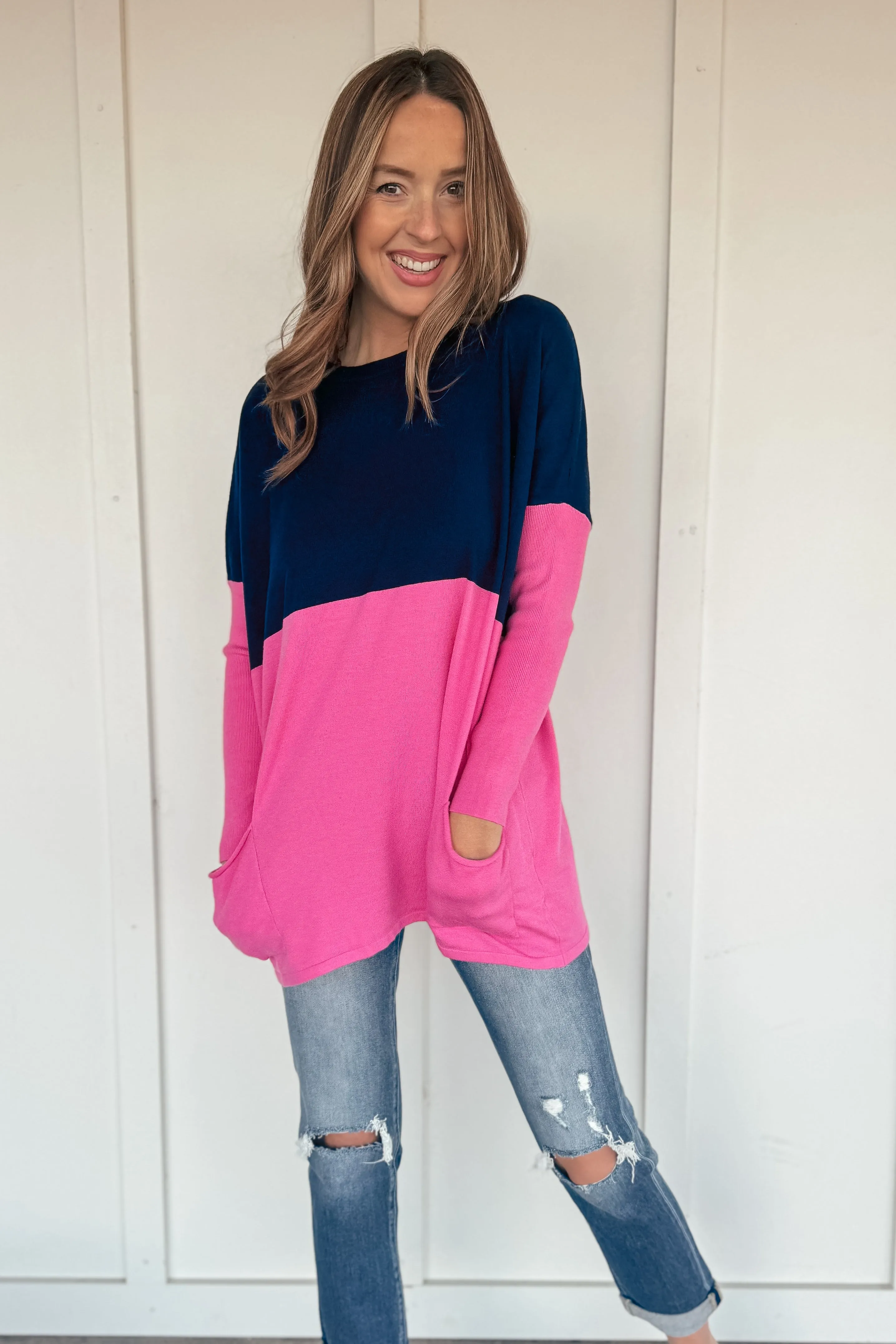 Pink and Navy Oversized Pocketed Sweater