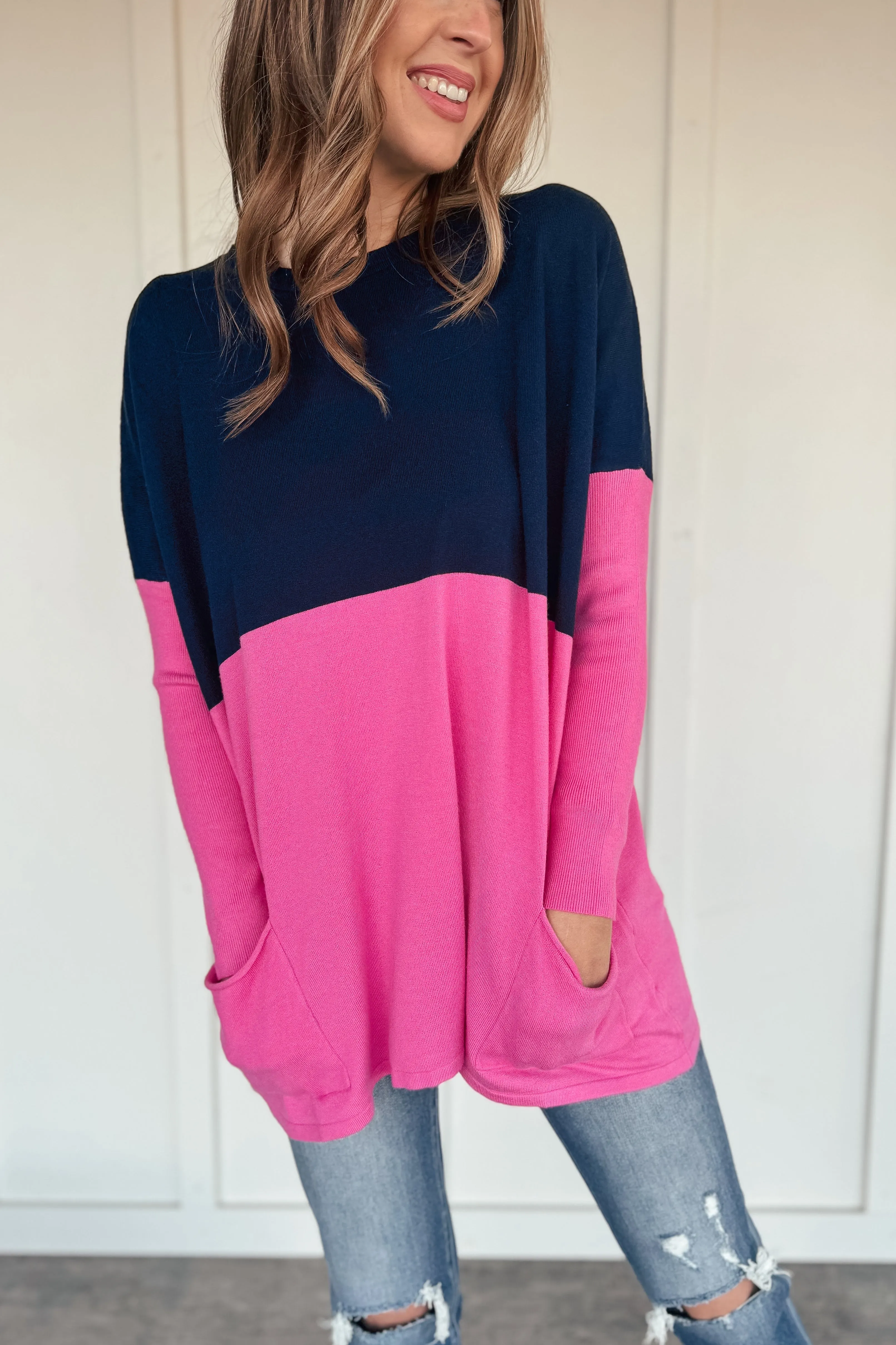 Pink and Navy Oversized Pocketed Sweater