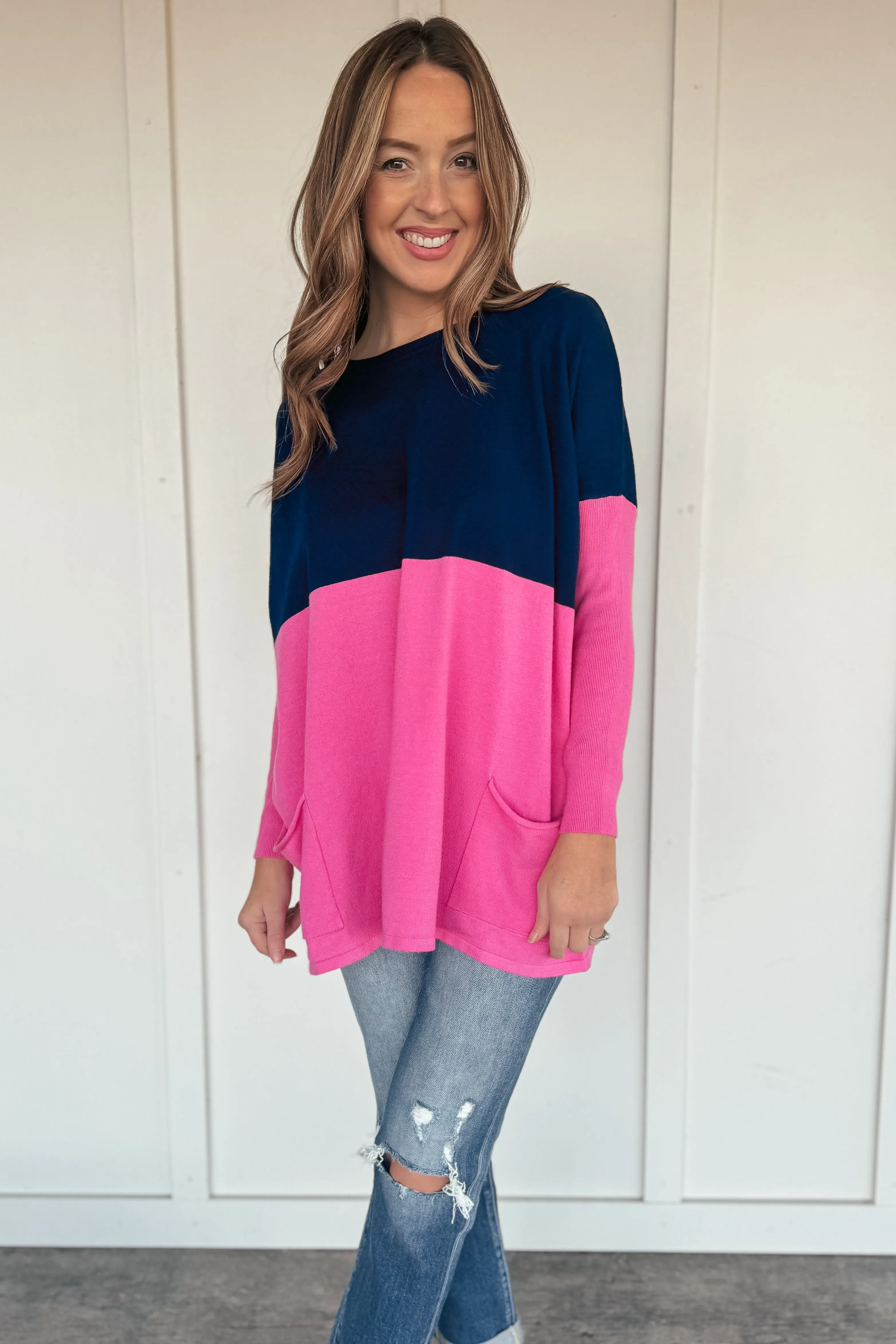 Pink and Navy Oversized Pocketed Sweater