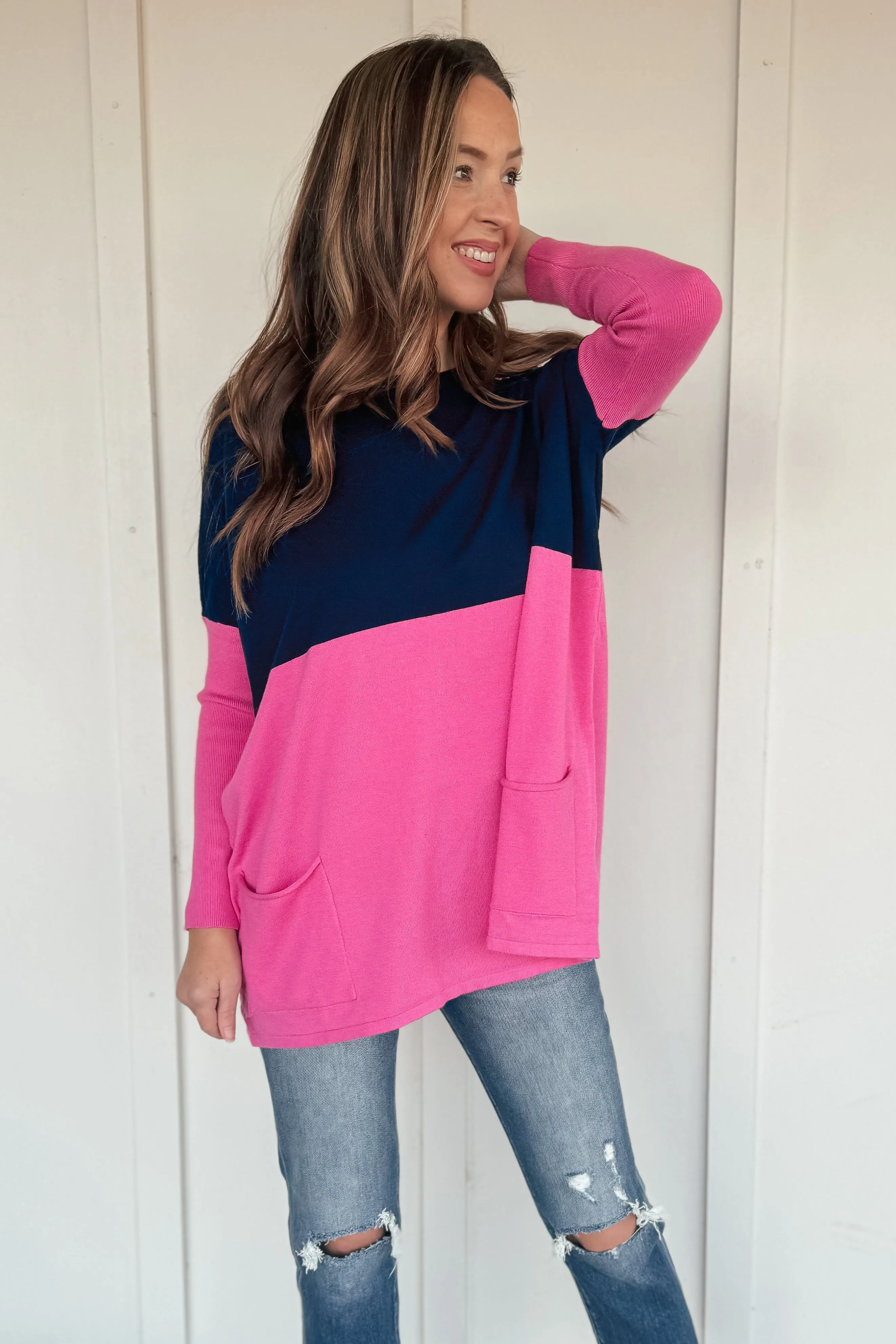 Pink and Navy Oversized Pocketed Sweater