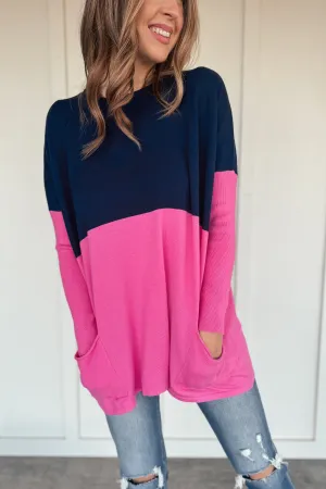 Pink and Navy Oversized Pocketed Sweater