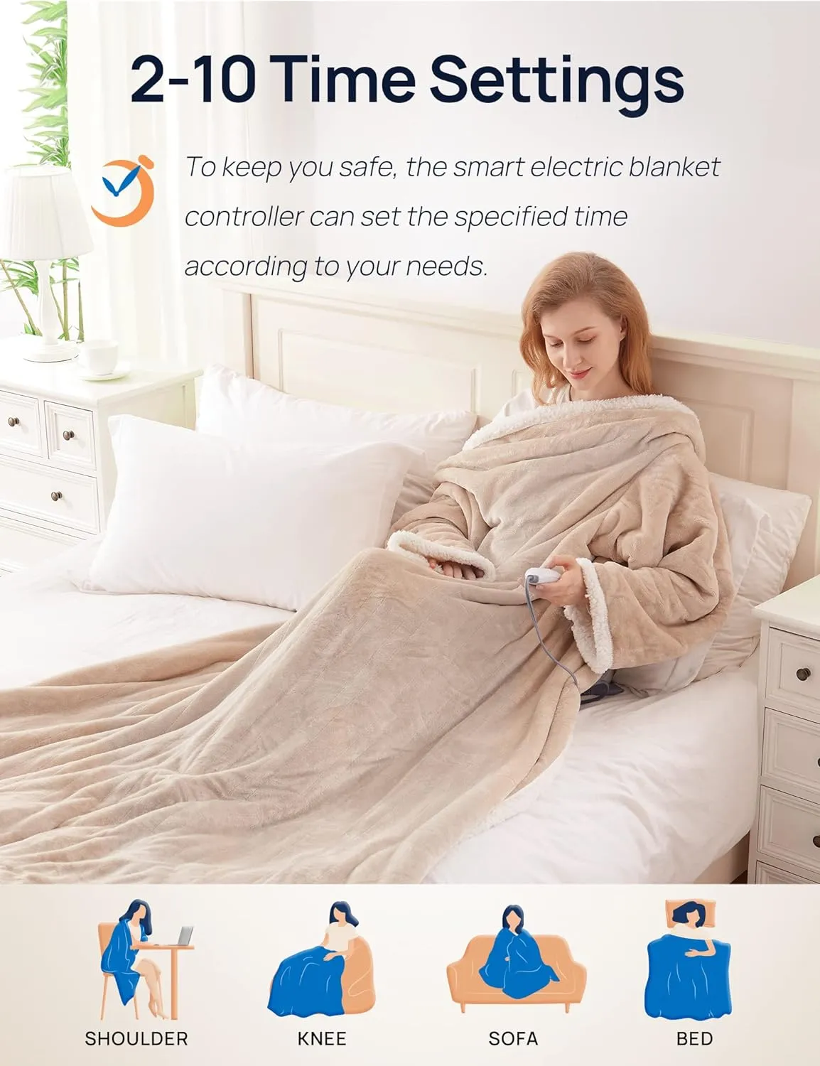 Wearable Heated Throw with Sleeves 70"x50" Beige