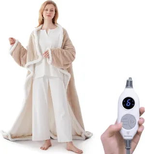 Wearable Heated Throw with Sleeves 70"x50" Beige