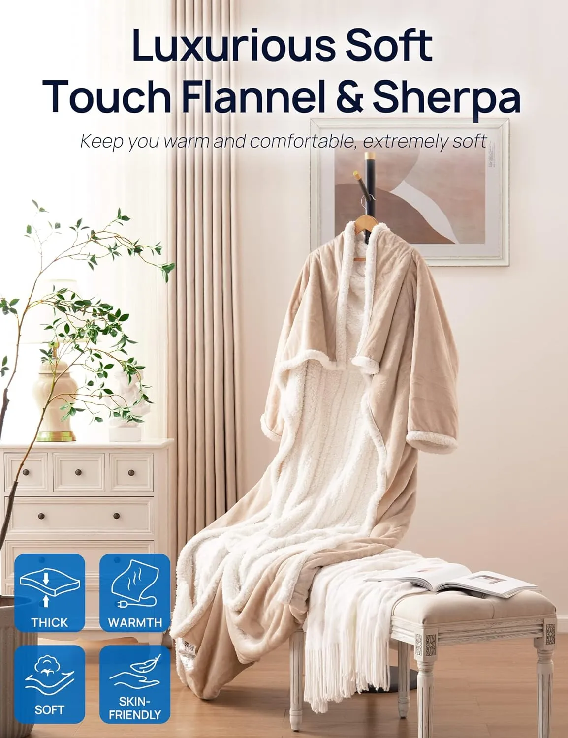 Wearable Heated Throw with Sleeves 70"x50" Beige
